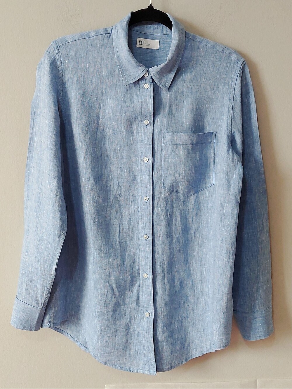 Gap Women Linen Button up Shirt Small Light Blue Chest Pocket Collar Long Sleeve